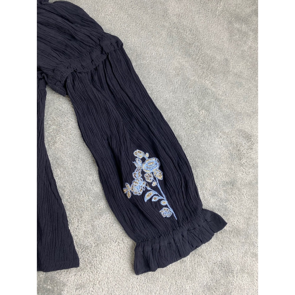 SHYANNE Black Off The Shoulder Embroidered Floral Crinkle Blouse Top Size M - Picture 8 of 11